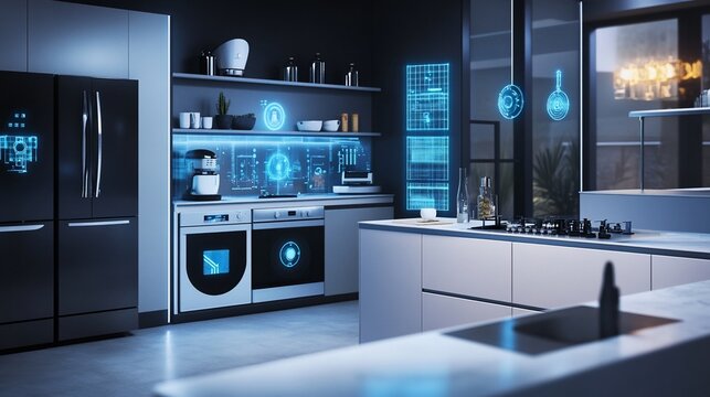 Futuristic kitchen with smart appliances and holographic interfaces showcasing technological advancements