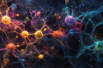 Obraz premium intricate 3d visualization of viral particles in vivid bioluminescent colors, detailed molecular structures floating in dark microscopic space