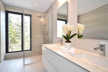 A bathroom being renovated, with a new tiled shower and a sleek, modern sink partially installed