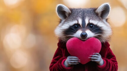 Obraz premium A cute raccoon holding a red heart, showcasing love and affection in a vibrant autumn setting.