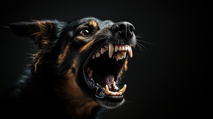 The dog's powerful snarl and exposed fangs create a menacing portrait, its anger and dominance emphasized by the dramatic black backdrop.
