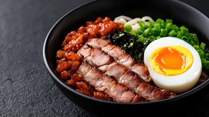 A delicious bowl of ramen featuring tender meat, fresh vegetables, and a perfectly cooked egg.
