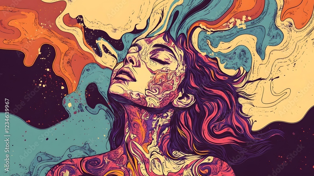 Aufkleber surreal psychedelic feminine portrait with abstract colorful smoke and ethereal elements