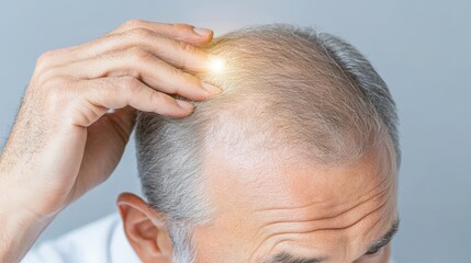 Illuminated head, dramatic portrait of a bald man with bright light bright
