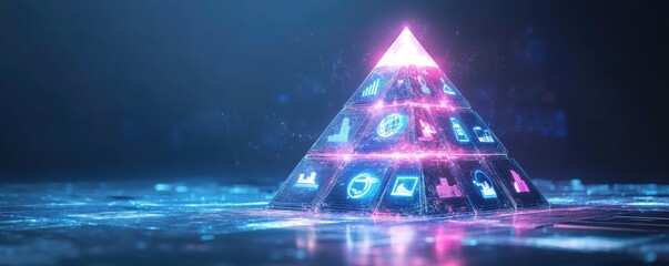 A glowing pyramid with digital icons emanates a futuristic vibe, symbolizing technology and interconnectedness.
