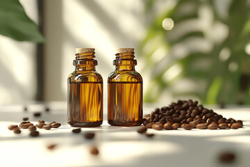 Minimalist Product Photography of Essential Oils with Fresh Coffee Beans