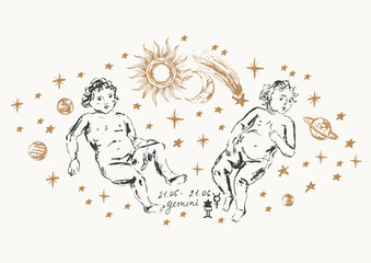 Hand drawn gemini zodiac sign illustration, horoscope background © katyabogina