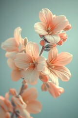 Naklejka premium Close up of delicate peach colored flowers with soft lighting against a muted teal background. The image evokes a serene and peaceful atmosphere
