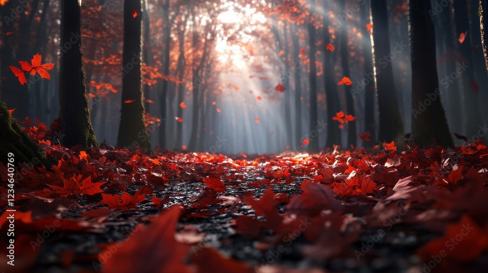 Poster a vibrant autumn forest with a path covered in red and orange leaves.