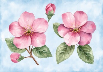 Fototapeta premium Watercolor painting of pink apple blossoms on a light blue background. The image shows two open flowers, one closed bud, and several leaves. Soft and
