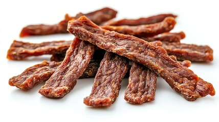 Fototapeta premium High Protein Beef Jerky Snack isolated on white background with stacked dried meat sticks and rich texture detail, savory High Protein Beef Jerky Snack concept for fitness nutrition branding 