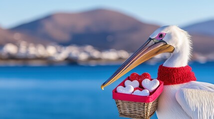 A pelican wearing a scarf carries a basket of heart-shaped treats against a beautiful blue backdrop.