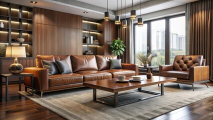 Sleek sofa and coffee table set in modern dining area with rich wood accents and luxurious leather upholstery, high-end design , contemporary decor
