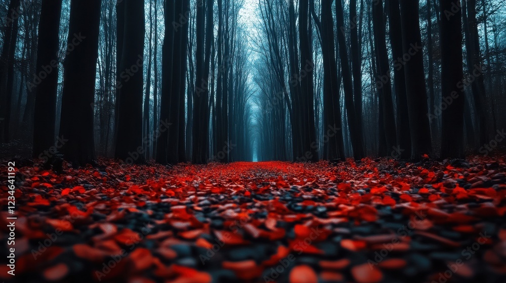 Poster a vibrant autumn forest with a path covered in red and orange leaves.