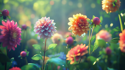 Colorful Dahlia blooms with rain drops