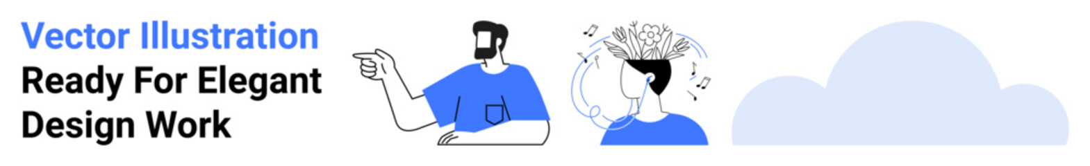 Man pointing and another opening head full of ideas beside minimalist cloud. Ideal for creativity, analysis, brainstorming, education, teamwork, innovation, flat landing page banner