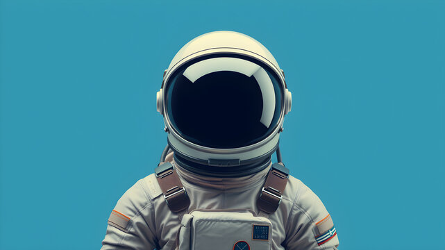 Stylized retro astronaut with a reflective helmet visor stands against a plain blue backdrop, evoking a sense of space exploration nostalgia. Generative AI