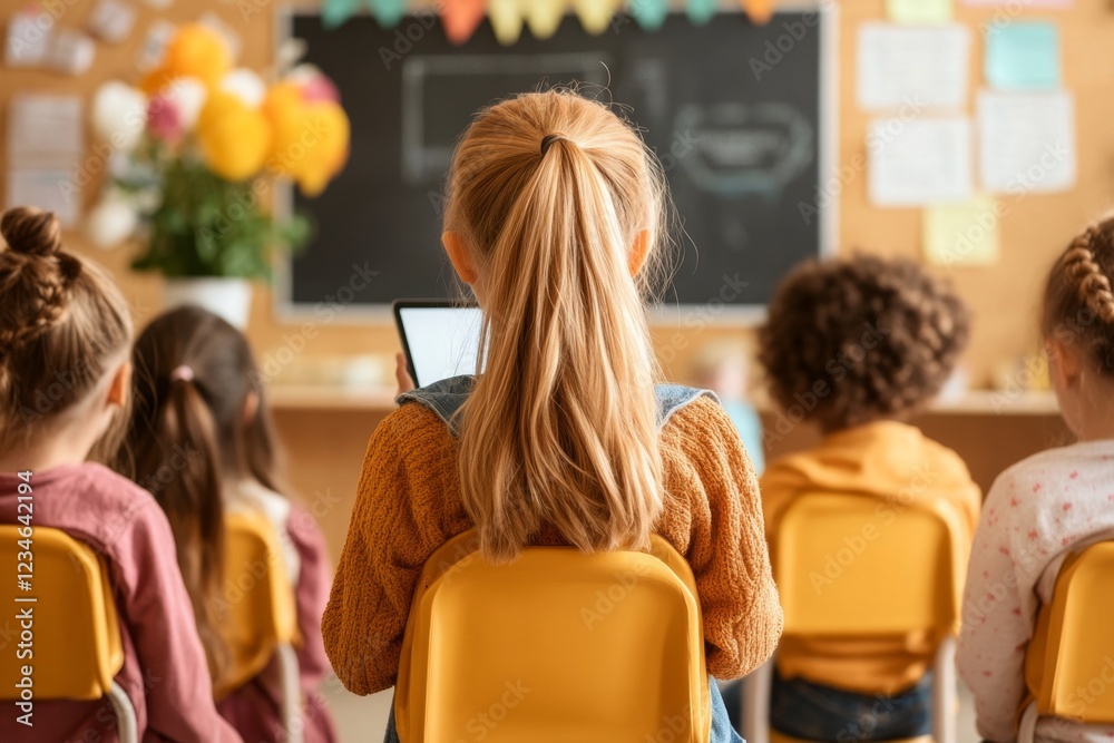 Poster A classroom scene where a substitute teacher uses interactive tools like a tablet to teach a lesson, with engaged students watching