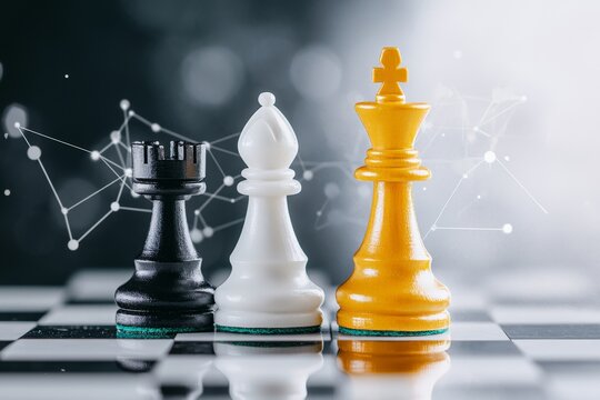 A clean design of a chessboard with only a single knight and king highlighted, symbolizing strategic specialization