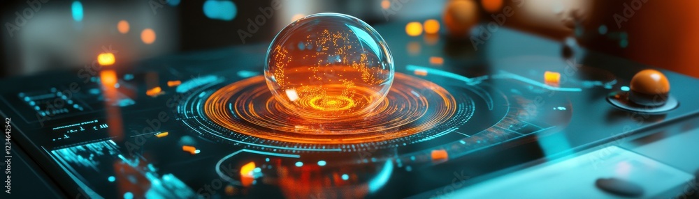 Poster a glowing, orb-like object is displayed on a futuristic interface, surrounded by vibrant lights and 