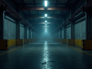 Fototapeta premium A dimly lit, empty warehouse with yellow lines and a concrete floor
