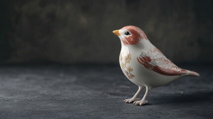 Decorative porcelain figurine of a bird on a dark gray background with copy space.