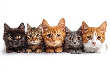 A lineup of five adorable cats of various breeds and colors.