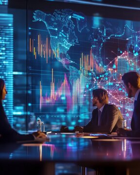 A group of professionals analyzes data on a large screen, highlighting financial trends and global markets in a modern conference room.