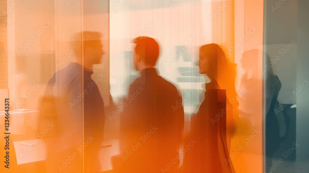 Poster business people are walking and talking behind an orange glass wall in a modern office, creating a d