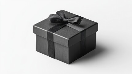 Black square gift box with black ribbon on white background. Studio shot of elegant present, perfect for celebrations or special occasions