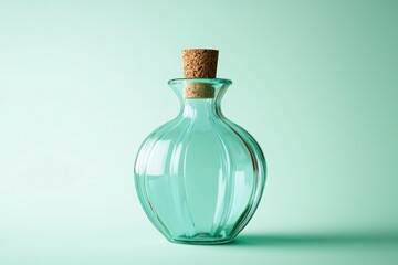 Decorative glass bottle with cork stopper, set against a pastel green background.