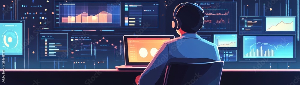 Poster a person wearing headphones sits in front of multiple screens displaying various data and analytics 