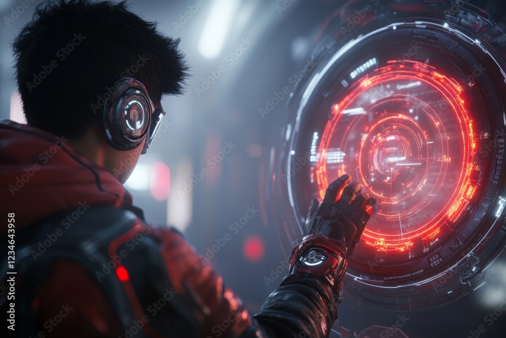 Poster A cyberpunk-themed character interacting with a holographic display showing significant data spikes, set in a gritty neon-lit urban environment