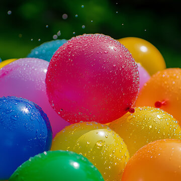 A close-up of colorful water balloons in a pile, with droplets of water on their surfaces, set against a blurred green background, capturing their vibrant hues
