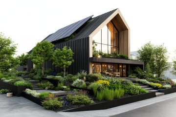 A detailed 3D illustration of a modernized barn, with sleek wooden panels and solar panels on the roof, blending rustic and contemporary elements