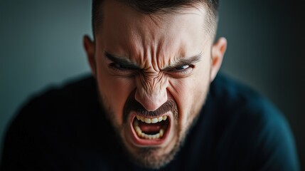 A furious man&rsquo;s face contorts with rage, his eyes burning with intensity as he displays an aggressive, mad expression.