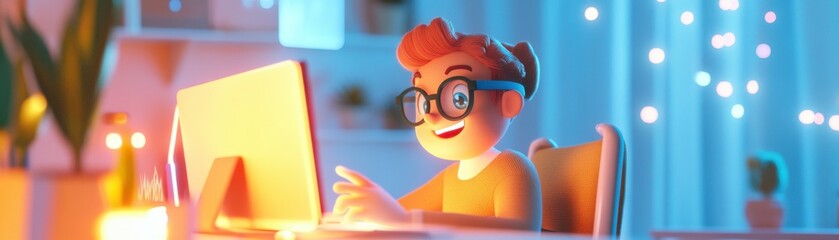 A cheerful child with glasses is engaged with a computer, surrounded by a cozy, illuminated room filled with soft colors and decorations.