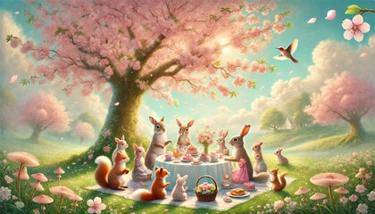 Whimsical Tea Party of Woodland Animals Under a Blooming Cherry Blossom Tree in a Soft Pastel Spring Scene