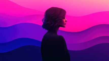 A silhouette of a woman against a vibrant, wavy gradient background of pink and blue hues, creating an artistic and dreamy atmosphere.