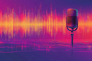 Professional Microphone with Vibrant Audio Wave Background in Orange and Blue Tones