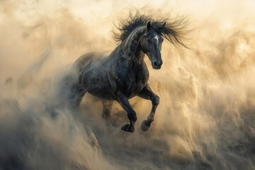 Obraz premium majestic arabian horse galloping through desert mist at sunset, with flowing mane catching golden light, painted in dramatic impressionist style with bold brushstrokes