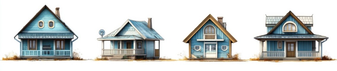 Obraz premium Four charming, rustic blue houses on a white background. Each house has unique architectural details and slight weathering, conveying a sense of