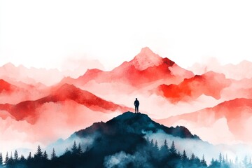 A dreamy watercolor depiction of a person standing atop a mountain, symbolizing significant achievement, with warm sunset hues and soft, blended clouds