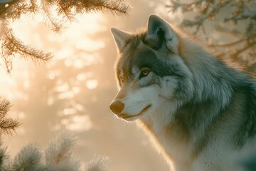 Obraz premium majestic eurasian wolf in misty pine forest, intense amber eyes, alert pose, morning light filtering through trees