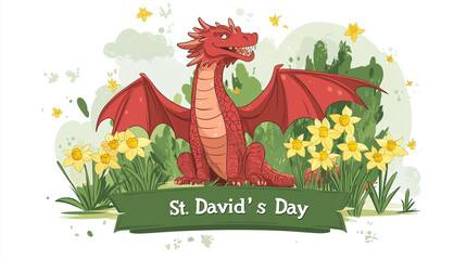 St. david's day celebration with red dragon and daffodils in spring garden