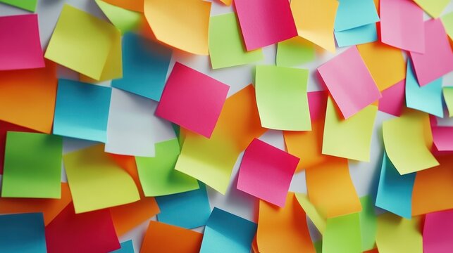 Many colorful sticky notes on a white surface, ideal for reminders, organization or brainstorming