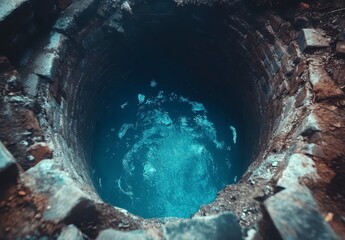 Top down view of a dark, cylindrical well or pit filled with glowing blue particles. The well's stone or brick walls are visible, with earth and