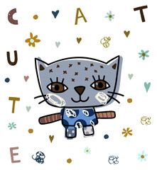 Cute vector kitty in blue, grey and brown colors, Kawaii cat for kids and baby graphic design, greeting card and invitations