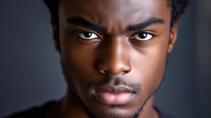 A close-up portrait showcases the serious and contemplative expression of a young African American man, highlighting his intensity and character.