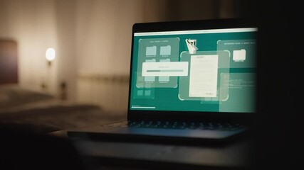 Laptop computer in hotel room displays hacking secure system copying secret info. Cyber activity breach remote accessing top secret and confidential files and transferring them into another server